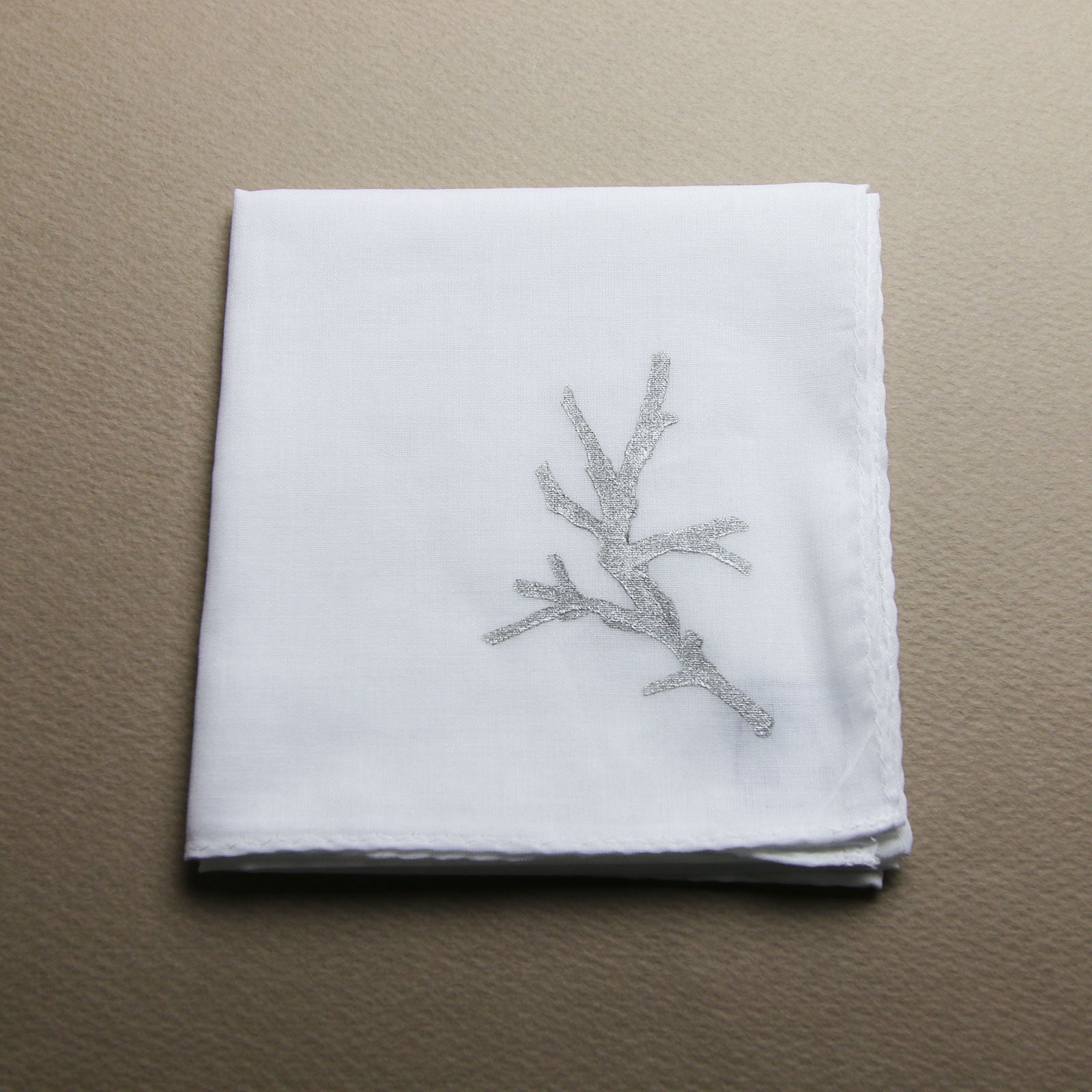 Handkerchief Coral Hand Print One Point White TAMARUSAN