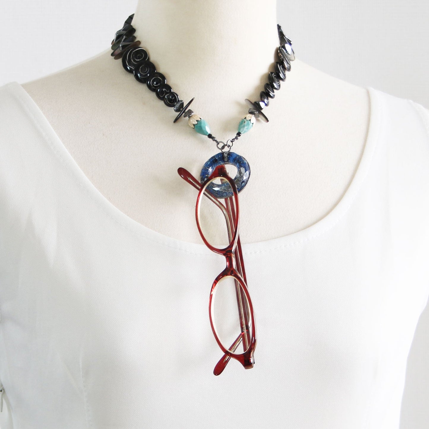 Eyeglass Holder Necklace Coral Turquoise Blue TAMARUSAN