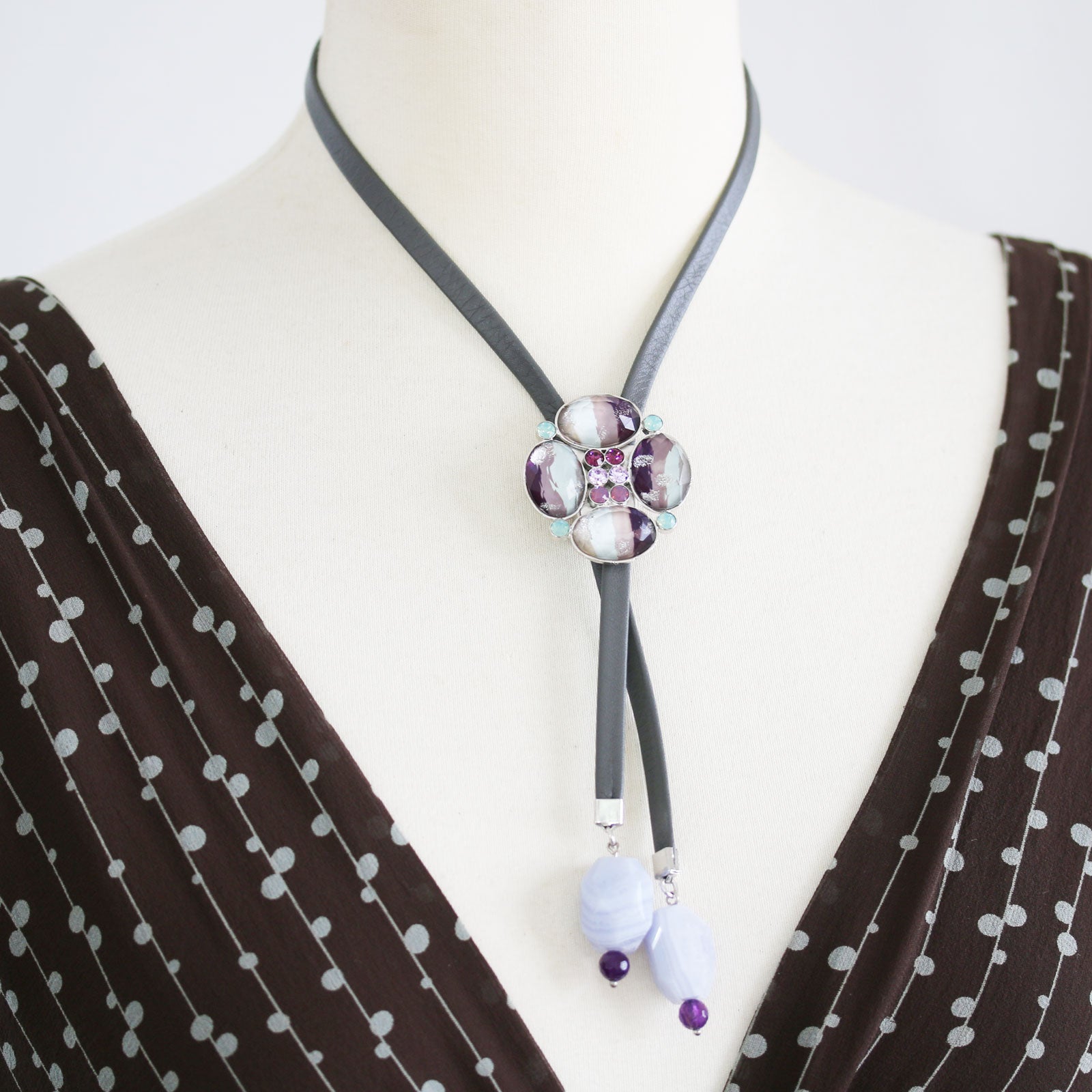 Leather Bolo Tie Necklace Amethyst Purple TAMARUSAN