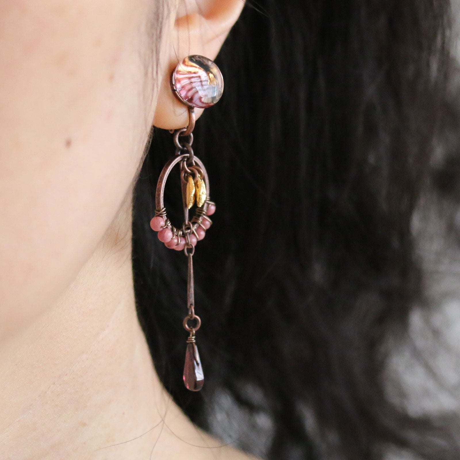 Pink Earrings Rhodonite Garnet Leaves TAMARUSAN