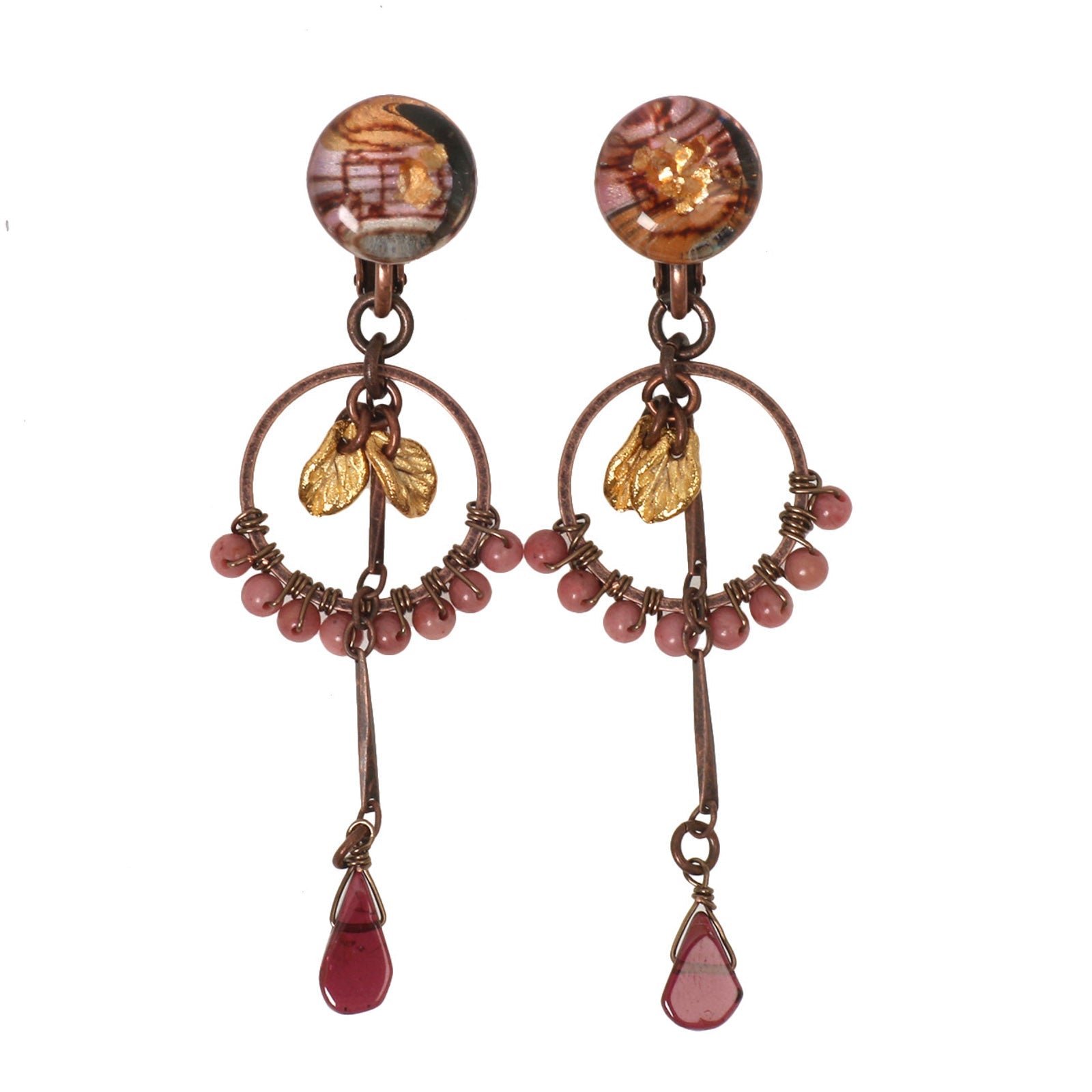 Pink Earrings Rhodonite Garnet Leaves TAMARUSAN