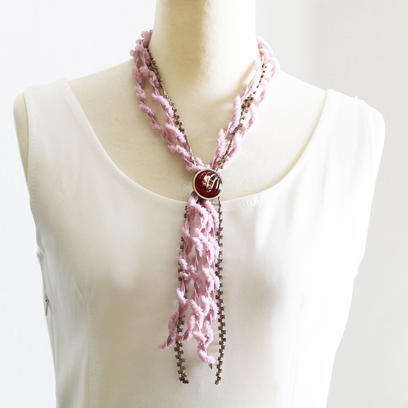 Ribbon Bolo Tie Pink Red Long Necklace TAMARUSAN