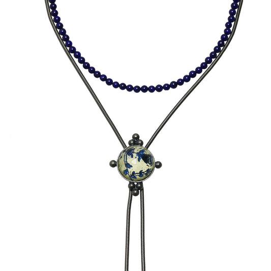 Two Way Bolo Tie Necklace Blue Lapis Lazuli TAMARUSAN