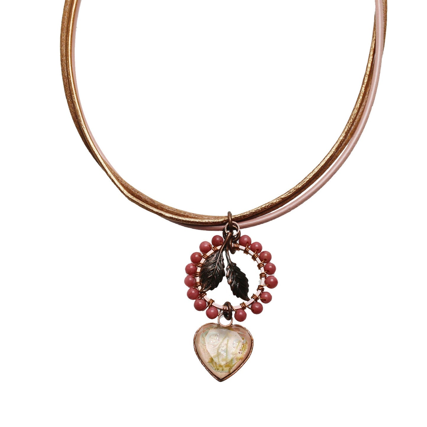 Leather Choker Pink Rhodonite Heart TAMARUSAN