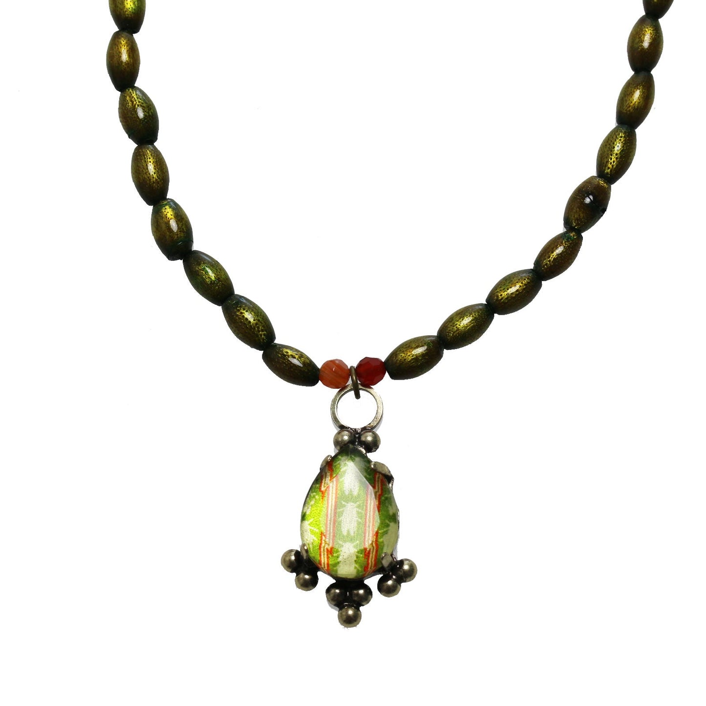 Necklace Coral (Dyed) Ribbon Agate Carnelian Green TAMARUSAN