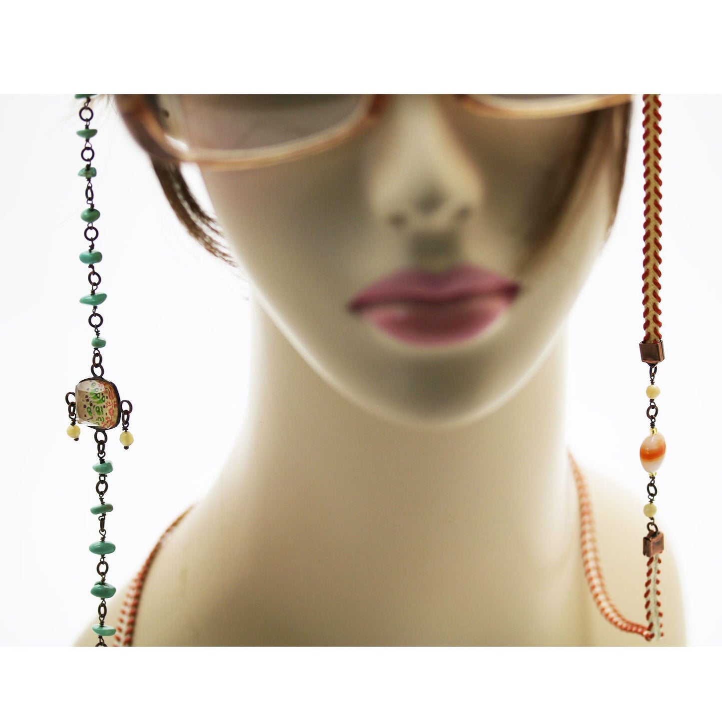 Eyeglass Chain Necklace Orange Green Ribbon TAMARUSAN