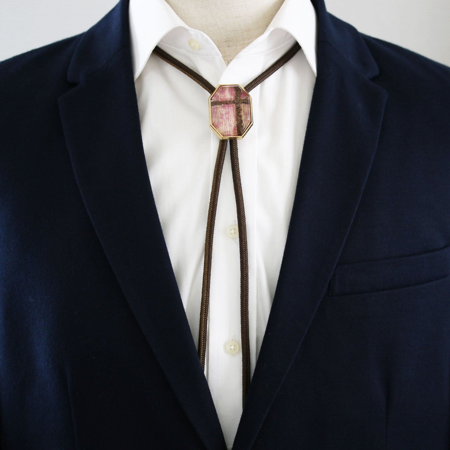 Silk Braid Bolo Tie Cross Pink Brown Silver 925 TAMARUSAN