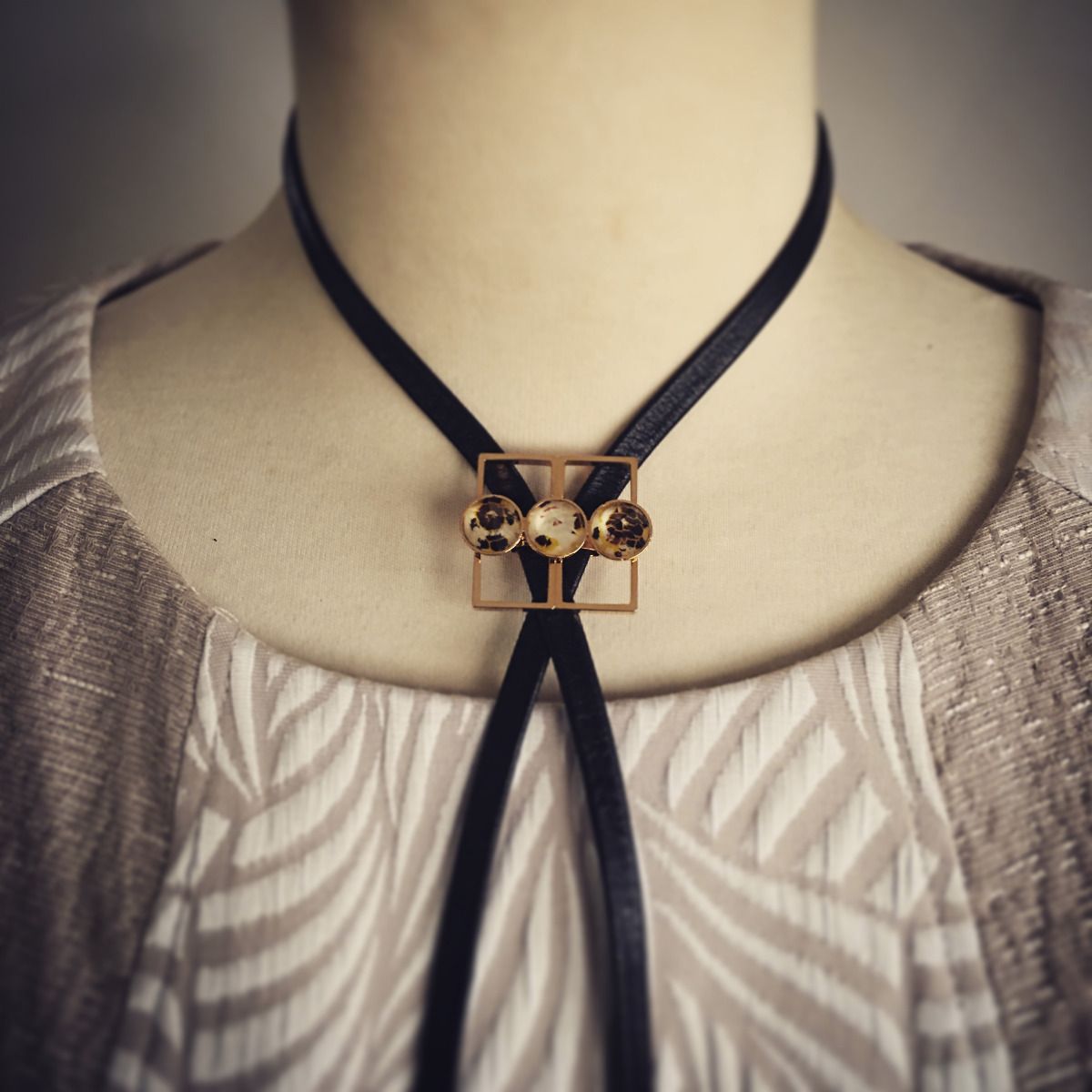 Leather Straps Bolo Tie Flat String Tiger Cat Yellow TAMARUSAN