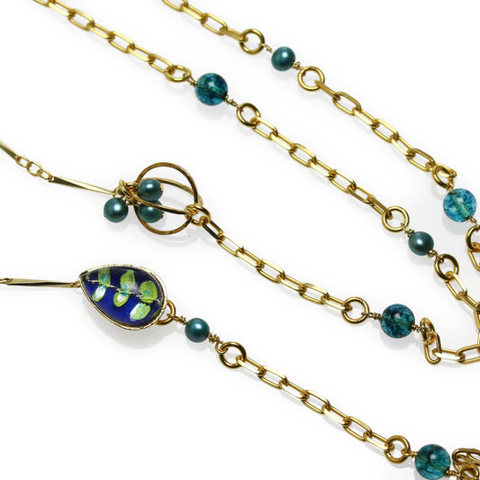 Eyeglass Chain Necklace Blue Leaves Gold Quartz TAMARUSAN