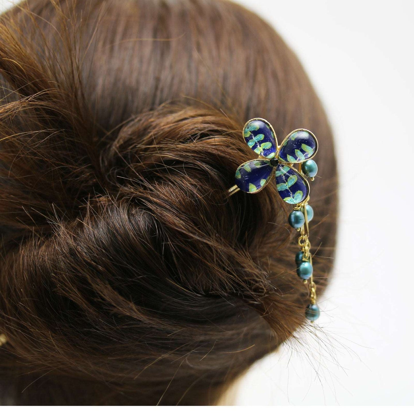 Stick Hair Pin Blue Flower Gold TAMARUSAN