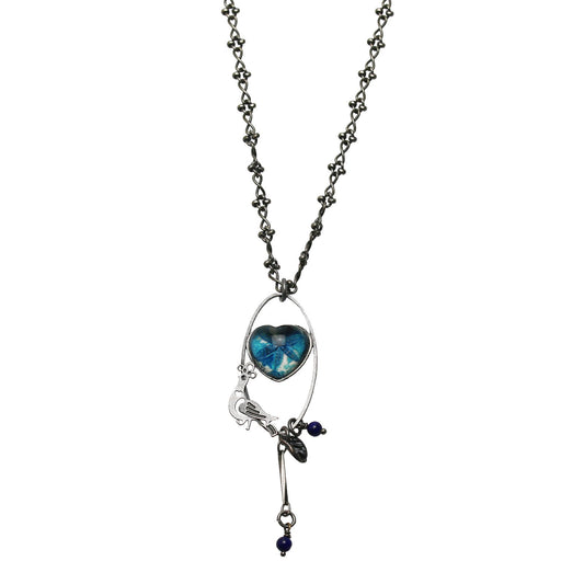Necklace Blue Lily Heart Bird TAMARUSAN