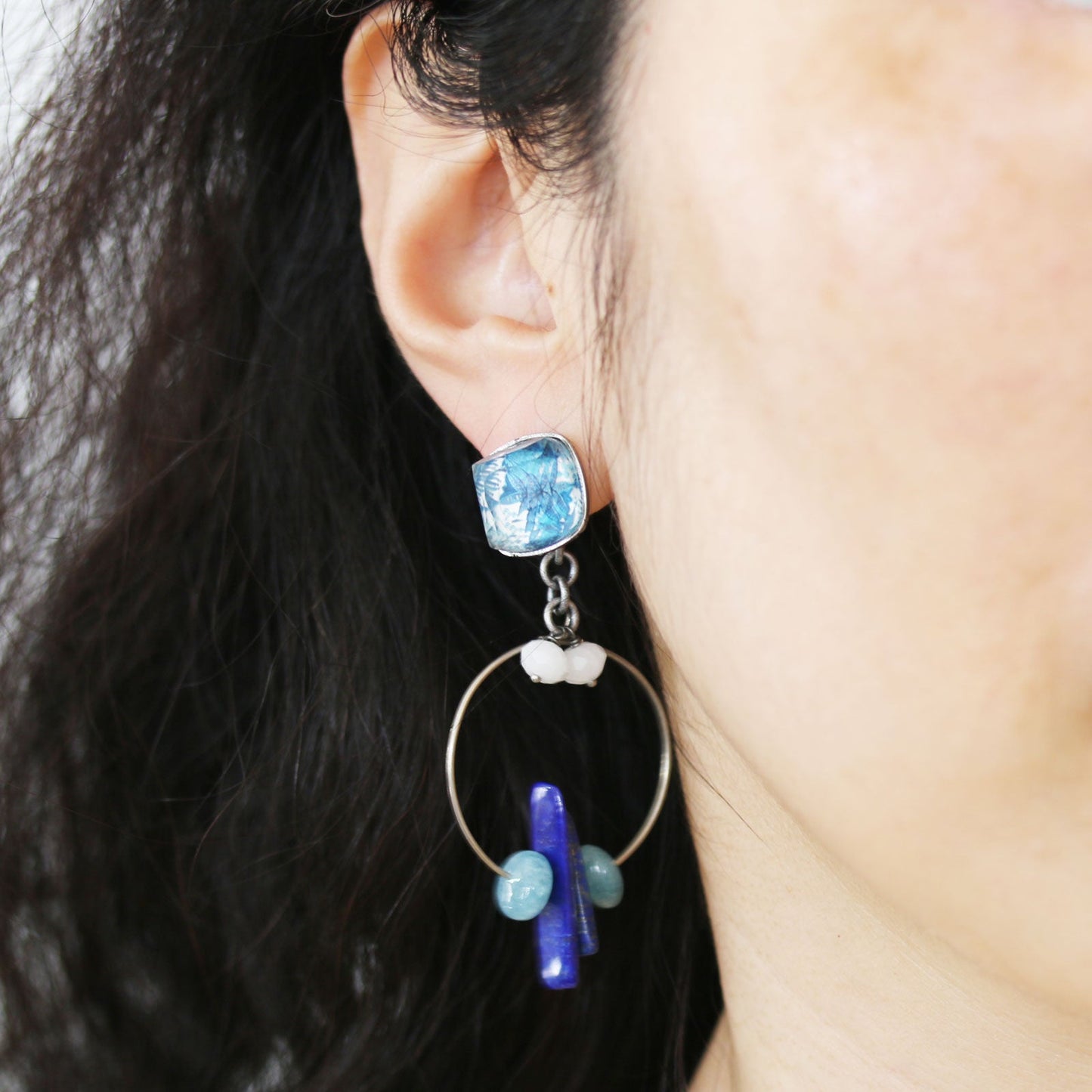 Hoop Pierced Earrings Blue Lapis Lazuli TAMARUSAN