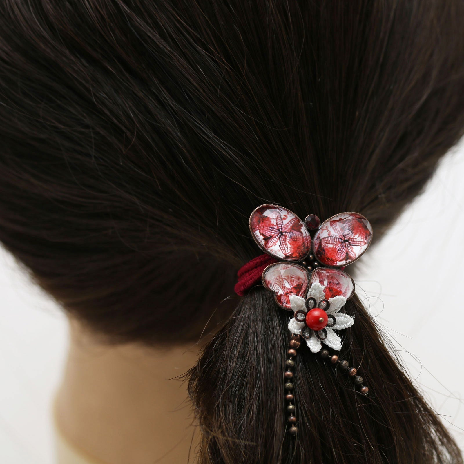 Hair Elastic Butterfly Red Lace Flower TAMARUSAN