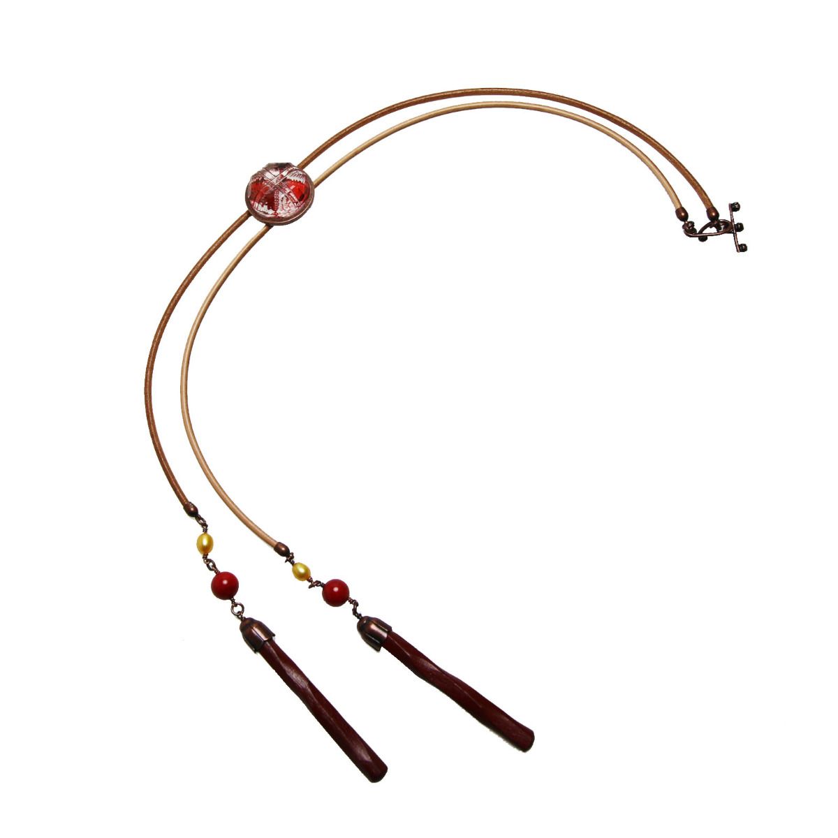 Leather Straps Bolo Tie Red Coral Long Necklace TAMARUSAN
