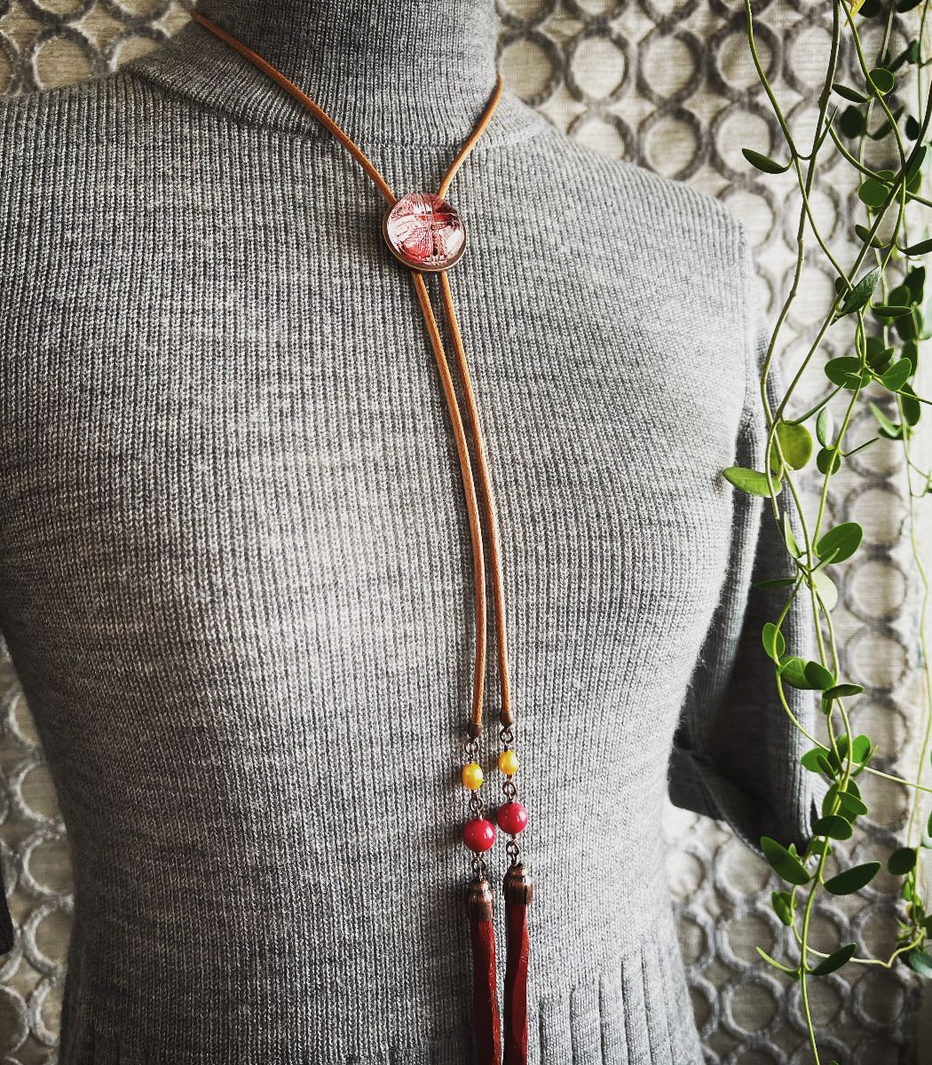 Leather Straps Bolo Tie Red Coral Long Necklace TAMARUSAN