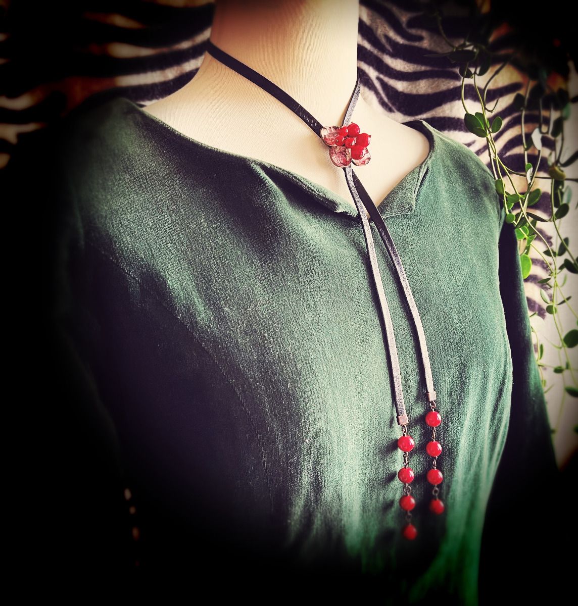 Leather Straps Bolo Tie Red Lily Coral Flower TAMARUSAN