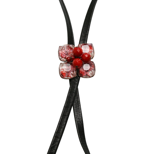 Leather Straps Bolo Tie Red Lily Coral Flower TAMARUSAN