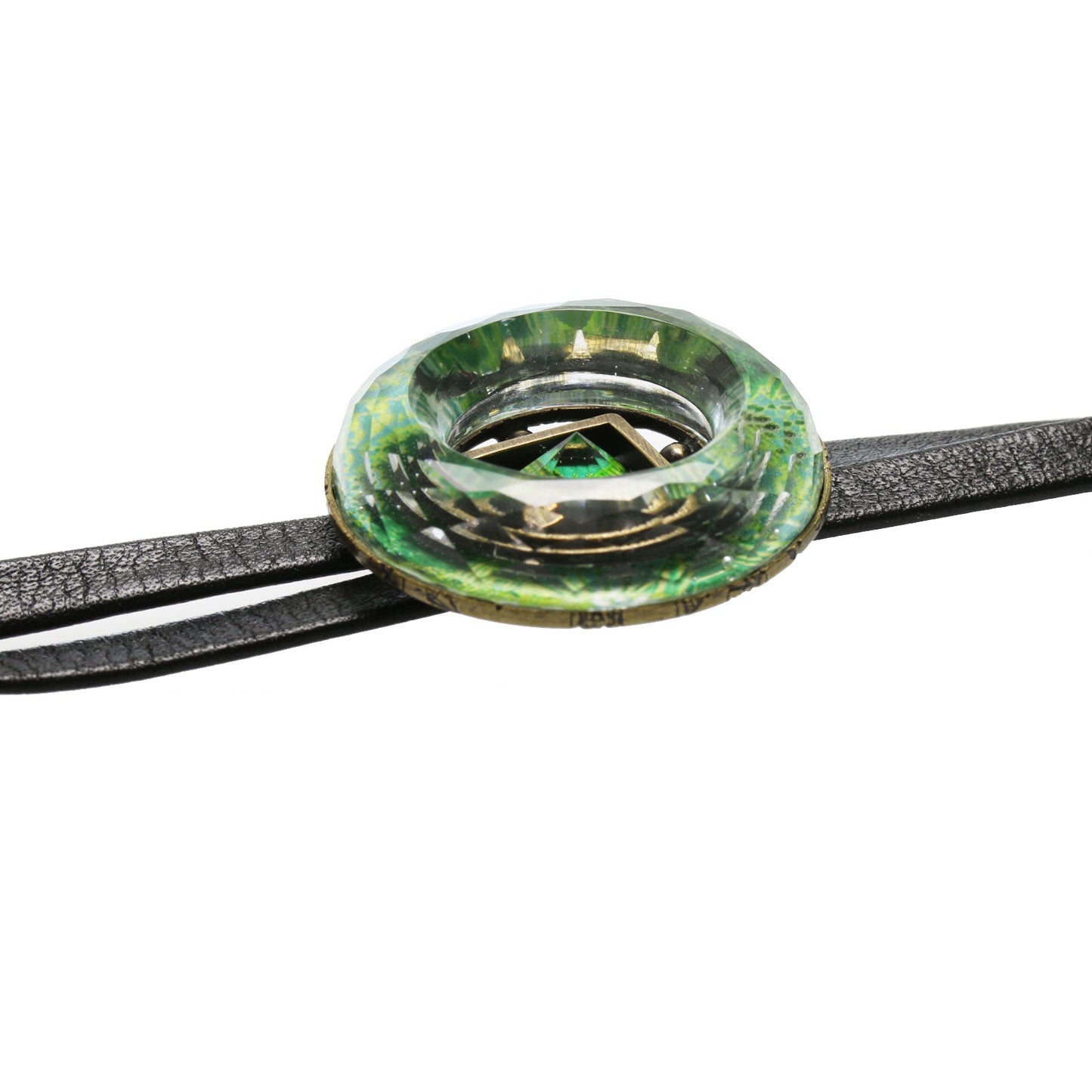 Leather Strap Bolo Tie Green Lily Round TAMARUSAN