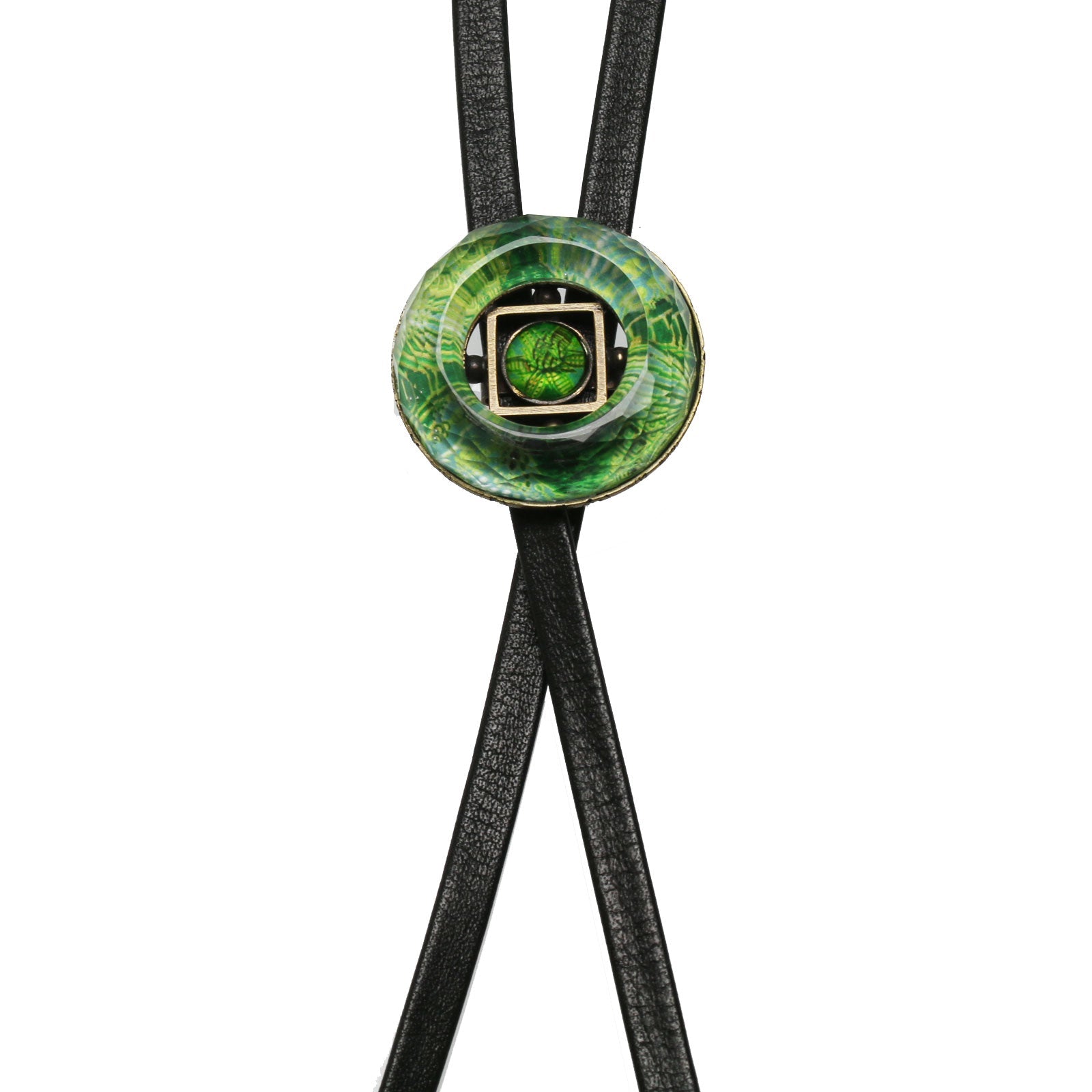 Leather Strap Bolo Tie Green Lily Round TAMARUSAN