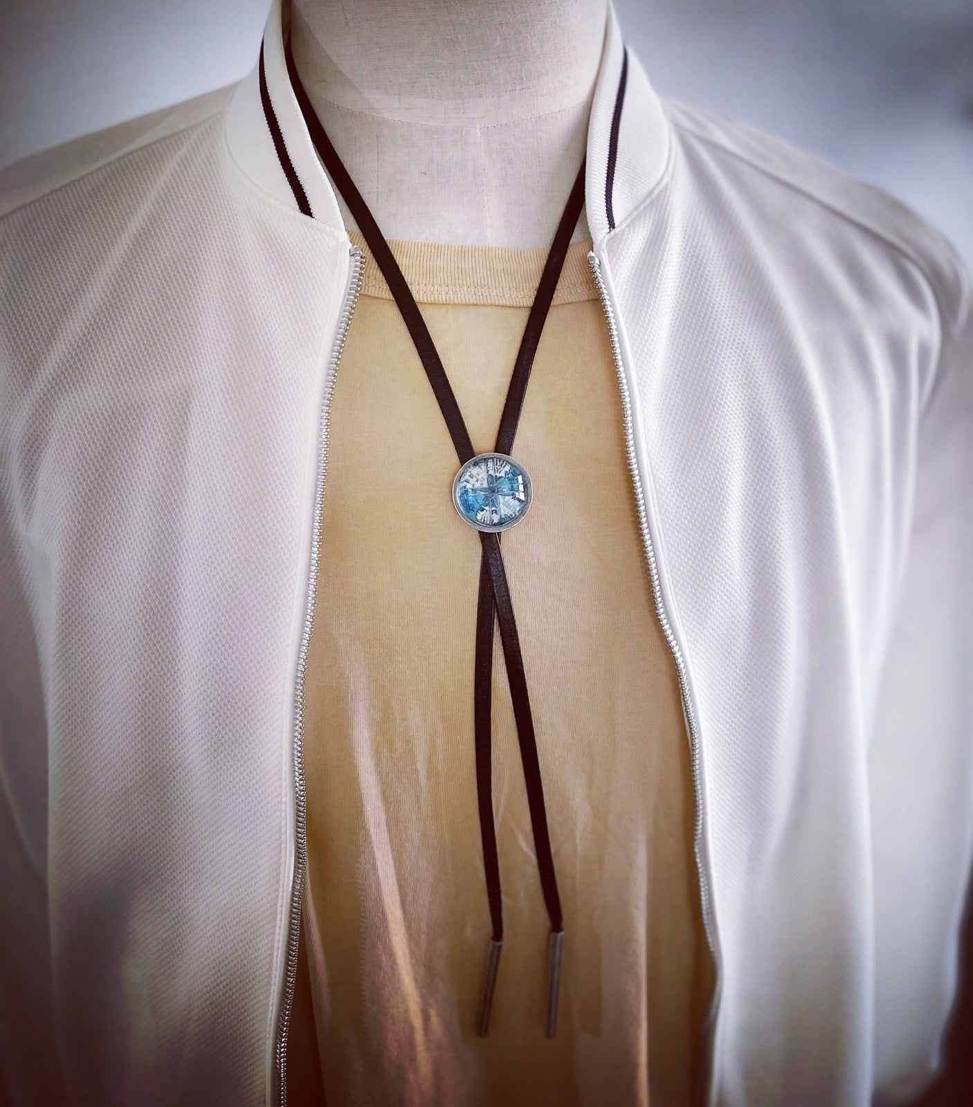 Leather Straps Bolo Tie Lily Blue Handmade TAMARUSAN